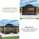PURPLE LEAF Sunroom Hardtop Gazebo with Wood Grain Columns Black Frame Double Roof Galvanized Steel Solarium All-Weather Screen House with String Lights