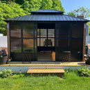 PURPLE LEAF Sunroom Hardtop Gazebo with Wood Grain Columns Black Frame Double Roof Galvanized Steel Solarium All-Weather Screen House