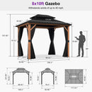 PURPLE LEAF Metal Gazebo Double Roof Wood Grain Aluminum Frame with Curtains and Netting