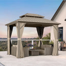 PURPLE LEAF Deck Gazebo Champagne Hardtop Metal Frame Double Roof with Curtains and Netting