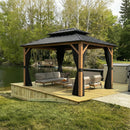 PURPLE LEAF Metal Gazebo Double Roof Wood Grain Aluminum Frame with Curtains and Netting with Lights-clear