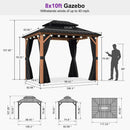 PURPLE LEAF Metal Gazebo Double Roof Wood Grain Aluminum Frame with Curtains and Netting with Lights-milky