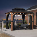 PURPLE LEAF Metal Gazebo Double Roof Wood Grain Aluminum Frame with Curtains and Netting with Lights-milky