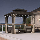 PURPLE LEAF Hardtop Gazebo Featuring Galvanized Steel Double Roof and Bronze Aluminum Frame with Curtains and Netting for Backyard with Lights-milky