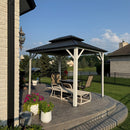 PURPLE LEAF Modern Gazebo Grey Hardtop Galvanized Steel Double Roof White Aluminum Poles with Curtains and Netting with Lights-milky