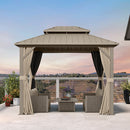 PURPLE LEAF Deck Gazebo Champagne Hardtop Metal Frame Double Roof with Curtains and Netting