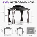PURPLE LEAF Modern Gazebo Grey Hardtop Galvanized Steel Double Roof White Aluminum Poles with Curtains and Netting
