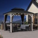 PURPLE LEAF Modern Gazebo Grey Hardtop Galvanized Steel Double Roof White Aluminum Poles with Curtains and Netting with Lights-clear