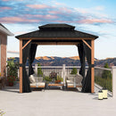 PURPLE LEAF Metal Gazebo Double Roof Wood Grain Aluminum Frame with Curtains and Netting