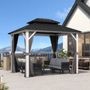 PURPLE LEAF Modern Gazebo Grey Hardtop Galvanized Steel Double Roof White Aluminum Poles with Curtains and Netting