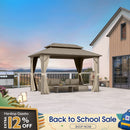 PURPLE LEAF Deck Gazebo Champagne Hardtop Metal Frame Double Roof with Curtains and Netting