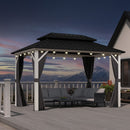 PURPLE LEAF Modern Gazebo Grey Hardtop Galvanized Steel Double Roof White Aluminum Poles with Curtains and Netting with Lights-clear