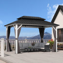 PURPLE LEAF Modern Gazebo Grey Hardtop Galvanized Steel Double Roof White Aluminum Poles with Curtains and Netting