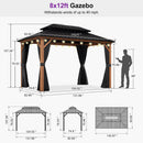 PURPLE LEAF Metal Gazebo Double Roof Wood Grain Aluminum Frame with Curtains and Netting with Lights-clear