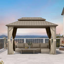 PURPLE LEAF Deck Gazebo Champagne Hardtop Metal Frame Double Roof with Curtains and Netting