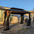 PURPLE LEAF Metal Gazebo Double Roof Wood Grain Aluminum Frame with Curtains and Netting with Lights-clear