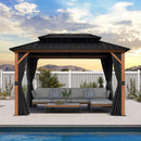 PURPLE LEAF Metal Gazebo Double Roof Wood Grain Aluminum Frame with Curtains and Netting