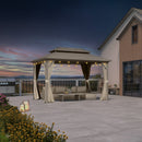 PURPLE LEAF Deck Gazebo Champagne Hardtop Metal Frame Double Roof with Curtains and Netting with Lights-clear