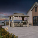 PURPLE LEAF Deck Gazebo Champagne Hardtop Metal Frame Double Roof with Curtains and Netting with Lights-milky