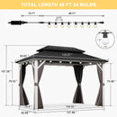 PURPLE LEAF Modern Gazebo Grey Hardtop Galvanized Steel Double Roof White Aluminum Poles with Curtains and Netting with Lights-milky