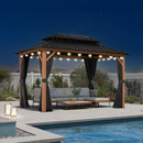PURPLE LEAF Metal Gazebo Double Roof Wood Grain Aluminum Frame with Curtains and Netting with Lights-clear