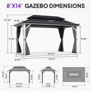 PURPLE LEAF Modern Gazebo Grey Hardtop Galvanized Steel Double Roof White Aluminum Poles with Curtains and Netting