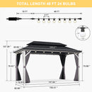 PURPLE LEAF Modern Gazebo Grey Hardtop Galvanized Steel Double Roof White Aluminum Poles with Curtains and Netting with Lights-milky