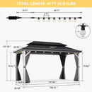 PURPLE LEAF Modern Gazebo Grey Hardtop Galvanized Steel Double Roof White Aluminum Poles with Curtains and Netting with Lights-clear