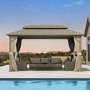 PURPLE LEAF Deck Gazebo Champagne Hardtop Metal Frame Double Roof with Curtains and Netting