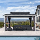 PURPLE LEAF Modern Gazebo Grey Hardtop Galvanized Steel Double Roof White Aluminum Poles with Curtains and Netting