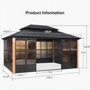 PURPLE LEAF Sunroom Hardtop Gazebo with Wood Grain Columns Black Frame Double Roof Galvanized Steel Solarium All-Weather Screen House