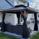 PURPLE LEAF Metal Gazebo Double Roof Wood Grain Aluminum Frame with Curtains and Netting with Lights-milky