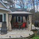 PURPLE LEAF Deck Gazebo Champagne Hardtop Metal Frame Double Roof with Curtains and Netting with Lights-milky