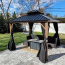 PURPLE LEAF Metal Gazebo Double Roof Wood Grain Aluminum Frame with Curtains and Netting with Lights-clear