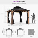 PURPLE LEAF Metal Gazebo Double Roof Wood Grain Aluminum Frame with Curtains and Netting with Lights-clear