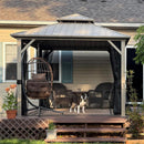 PURPLE LEAF Deck Gazebo Champagne Hardtop Metal Frame Double Roof with Curtains and Netting with Lights-milky