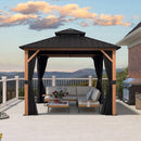PURPLE LEAF Metal Gazebo Double Roof Wood Grain Aluminum Frame with Curtains and Netting with Lights-clear