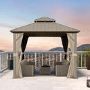PURPLE LEAF Deck Gazebo Champagne Hardtop Metal Frame Double Roof with Curtains and Netting