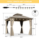 PURPLE LEAF Deck Gazebo Champagne Hardtop Metal Frame Double Roof with Curtains and Netting with Lights-milky