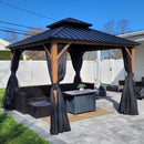 PURPLE LEAF Metal Gazebo Double Roof Wood Grain Aluminum Frame with Curtains and Netting