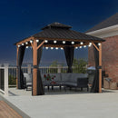 PURPLE LEAF Metal Gazebo Double Roof Wood Grain Aluminum Frame with Curtains and Netting with Lights-milky