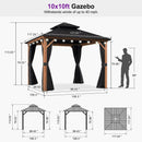 PURPLE LEAF Metal Gazebo Double Roof Wood Grain Aluminum Frame with Curtains and Netting with Lights-milky