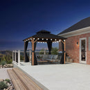 PURPLE LEAF Metal Gazebo Double Roof Wood Grain Aluminum Frame with Curtains and Netting with Lights-milky