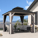 PURPLE LEAF Modern Gazebo Grey Hardtop Galvanized Steel Double Roof White Aluminum Poles with Curtains and Netting