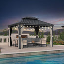 PURPLE LEAF Outdoor Hardtop Gazebo for Patio Grey Aluminum Frame Pavilion with Khaki curtains and String Lights