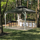 PURPLE LEAF Modern Gazebo Grey Hardtop Galvanized Steel Double Roof White Aluminum Poles with Curtains and Netting with Lights-clear