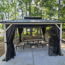 PURPLE LEAF Modern Gazebo Grey Hardtop Galvanized Steel Double Roof White Aluminum Poles with Curtains and Netting with Lights-clear