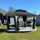 PURPLE LEAF Modern Gazebo Grey Hardtop Galvanized Steel Double Roof White Aluminum Poles with Curtains and Netting