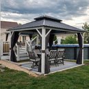 PURPLE LEAF Modern Gazebo Grey Hardtop Galvanized Steel Double Roof White Aluminum Poles with Curtains and Netting