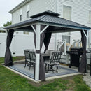 PURPLE LEAF Modern Gazebo Grey Hardtop Galvanized Steel Double Roof White Aluminum Poles with Curtains and Netting with Lights-clear